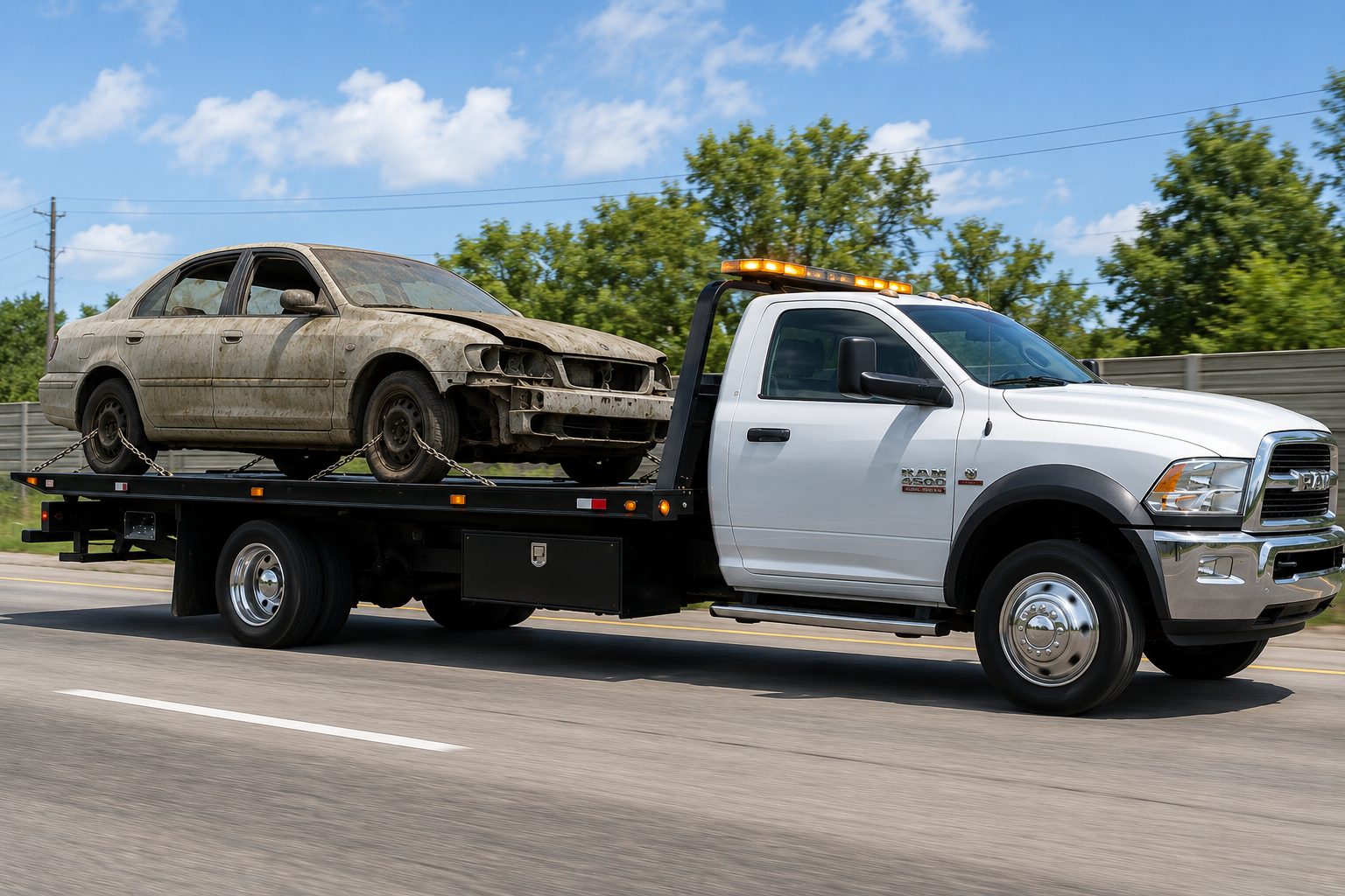 Abandoned junk vehicle being towed